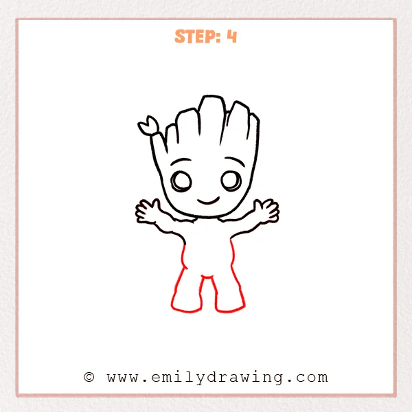 how to draw a baby groot - Step 4: Baby Groot full outline with head, open arms, rounded torso, and short legs with wide feet.